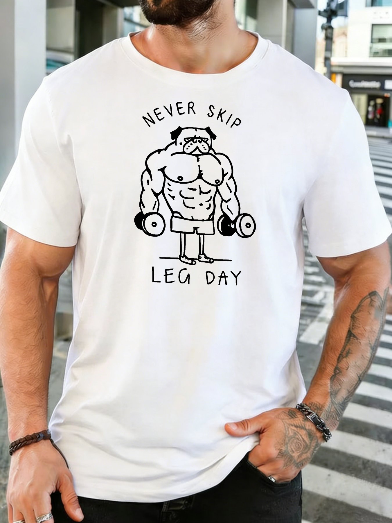 Home Gym Leg Day - Herren Gym Fitness Muskel-Hantel-Grafik-T-Shirt mit Rundhalsausschnitt,